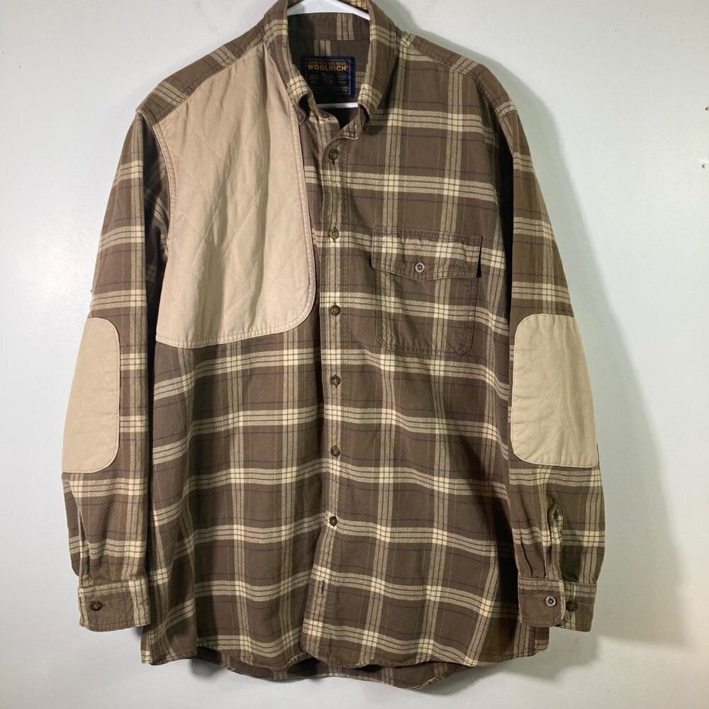 Mens Vintage Woolrich Plaid Hunting Shirt Elbow Shoulder Patch Brown L‎ Long